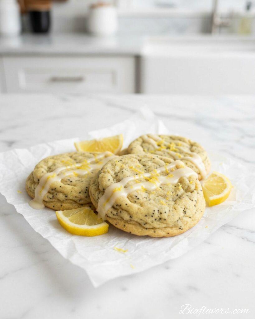 Top-down flat lay of eight lemon poppy seed cookies on white parchment with white glaze drizzle lemon zest and fresh lemon wedges on white marble

