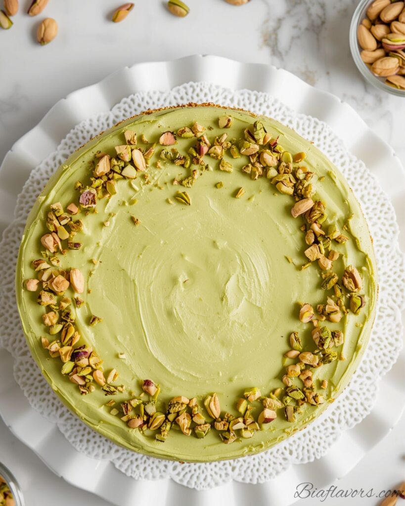 Overhead flat lay of whole pistachio cheesecake with smooth green frosting and crushed pistachios on white scalloped plate with lace doily