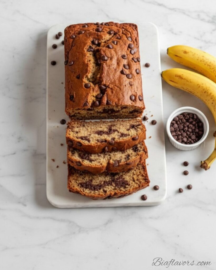 Overhead view of a chocolate chip banana bread loaf on a white ceramic platter with ripe bananas and scattered chocolate chips on white marble