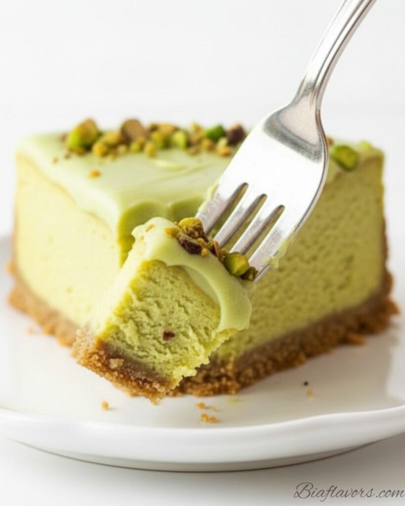 Silver fork cutting into pistachio cheesecake slice lifting bite showing creamy green interior golden crust and smooth pistachio frosting