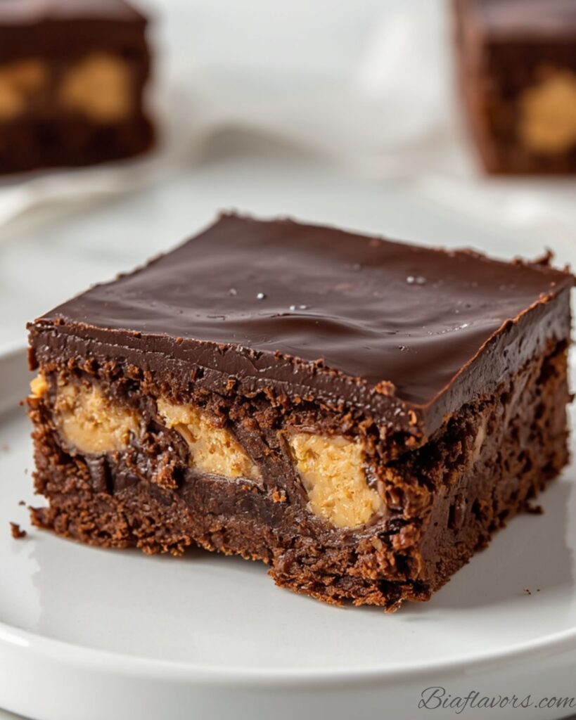 Single peanut butter stuffed brownie square on white plate showing glossy chocolate ganache top and visible peanut butter chunks inside on white marble