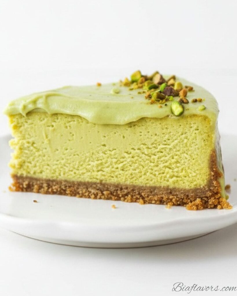 Single slice of pistachio cheesecake showing golden graham cracker crust thick green pistachio filling and smooth frosting with crushed pistachios on top