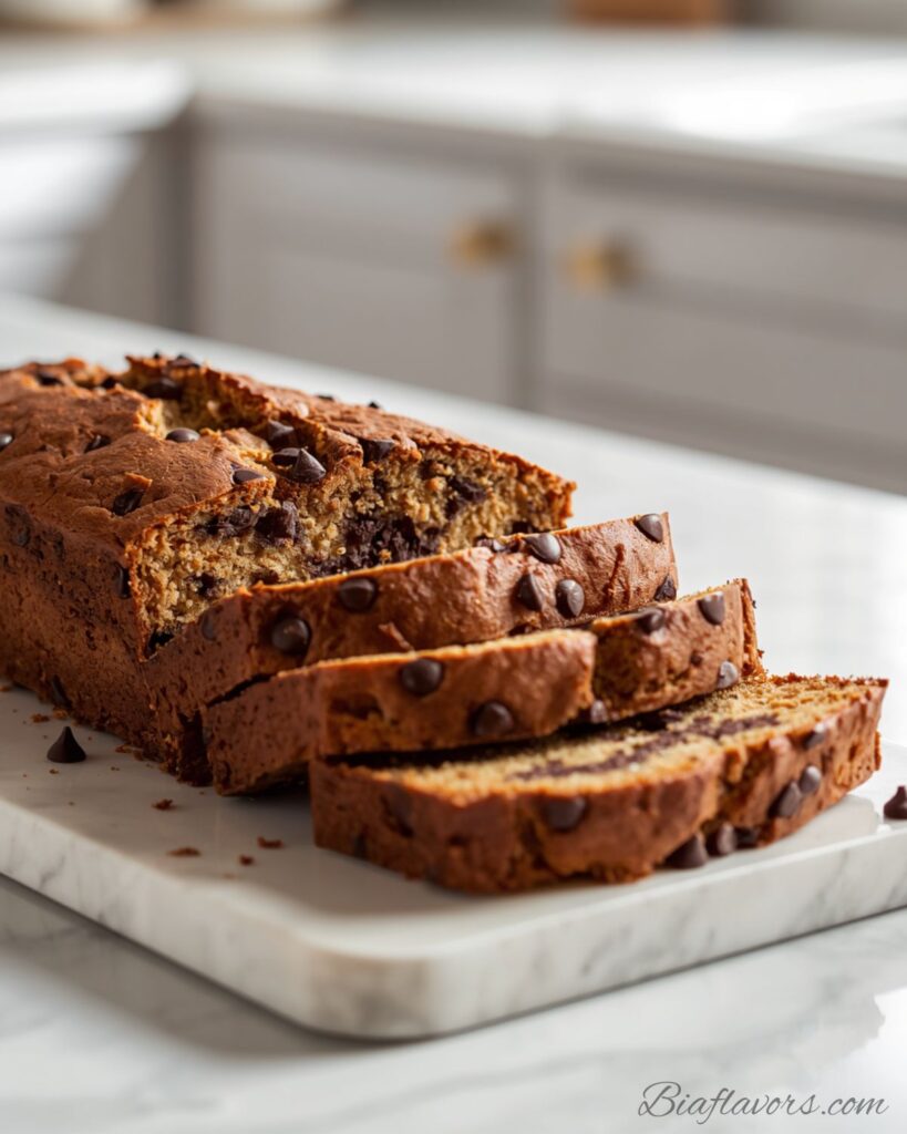 Sliced chocolate chip banana bread on a white ceramic board showing moist golden interior with melted chocolate chips on a white marble counter