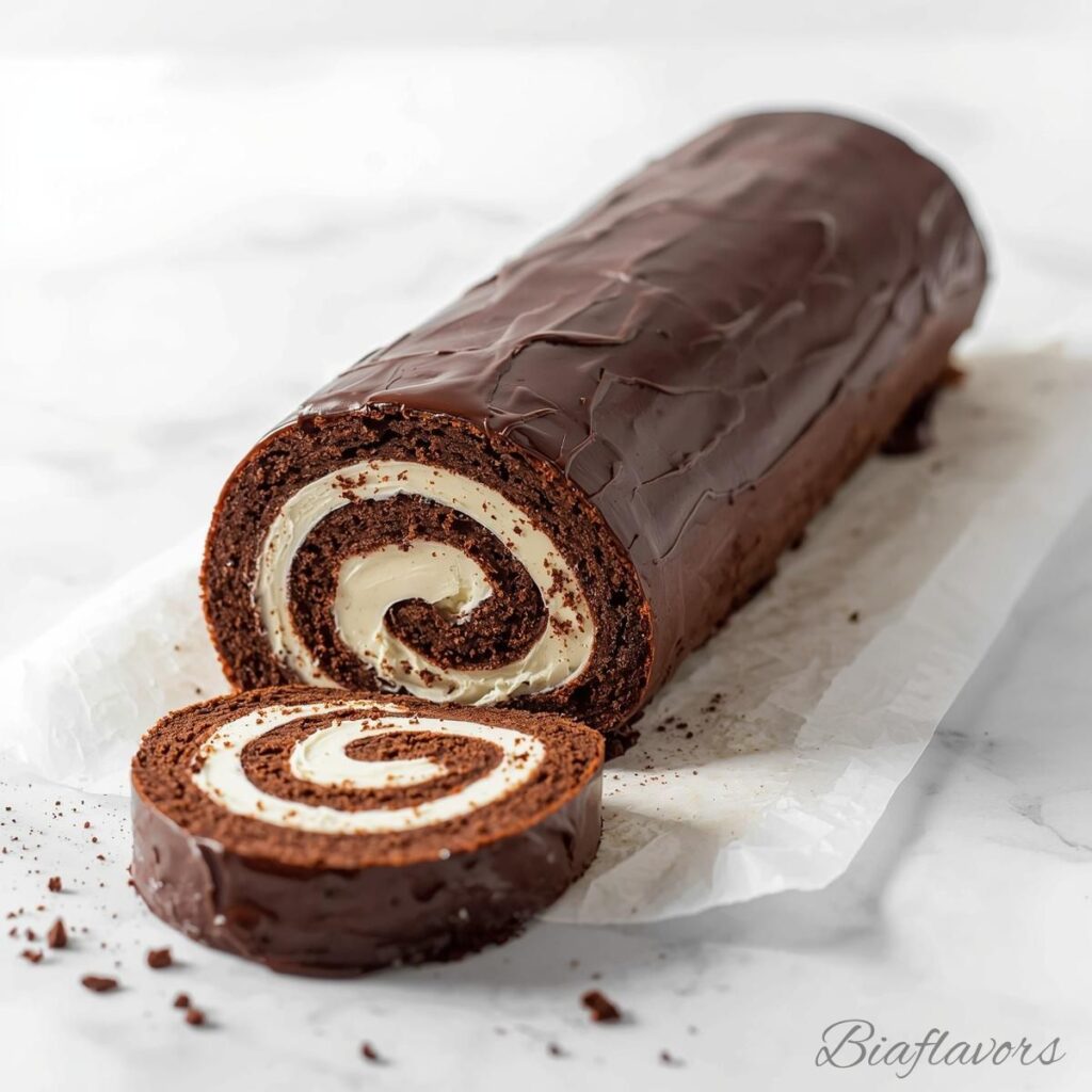 Soft Chocolate Swiss Roll with whipped cream filling and chocolate ganache topping
