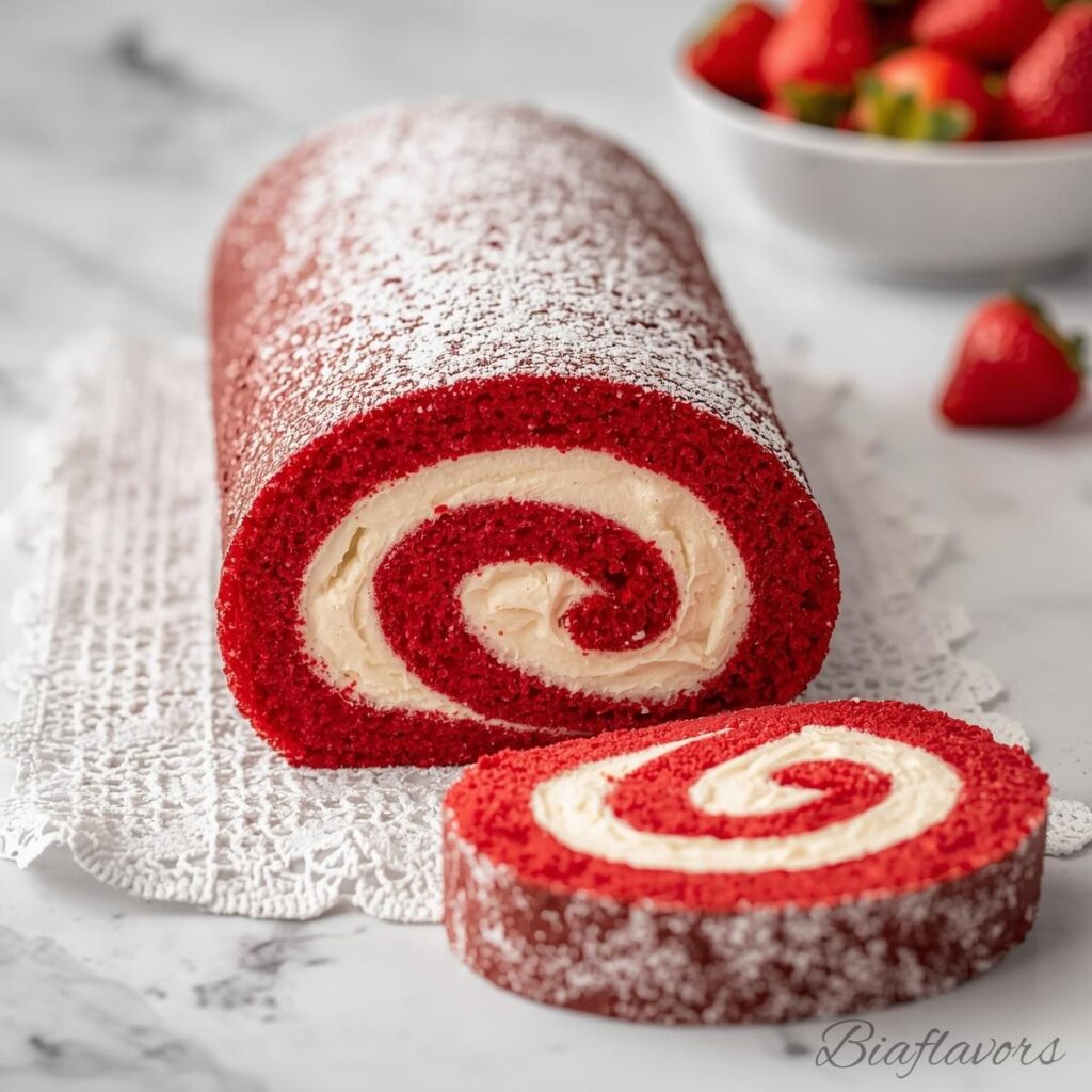 “Soft red velvet cake roll filled with creamy cream cheese frosting, sliced to show swirl pattern”