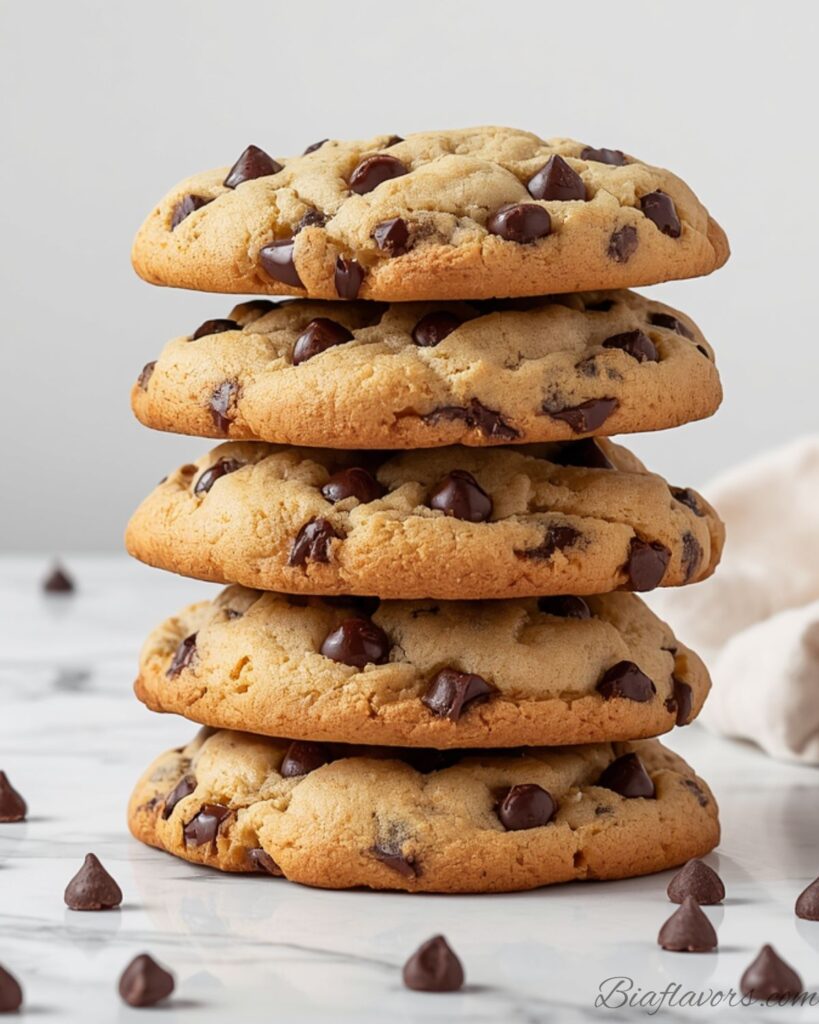 Stack of four classic Chocolate Chip Banana Cookies on wooden cutting board with glossy chocolate chips scattered around on white linen