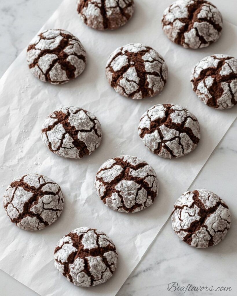 Top-down flat lay of eight chocolate crinkle cookies on white parchment showing cracked powdered sugar tops with dark chocolate showing through on white marble