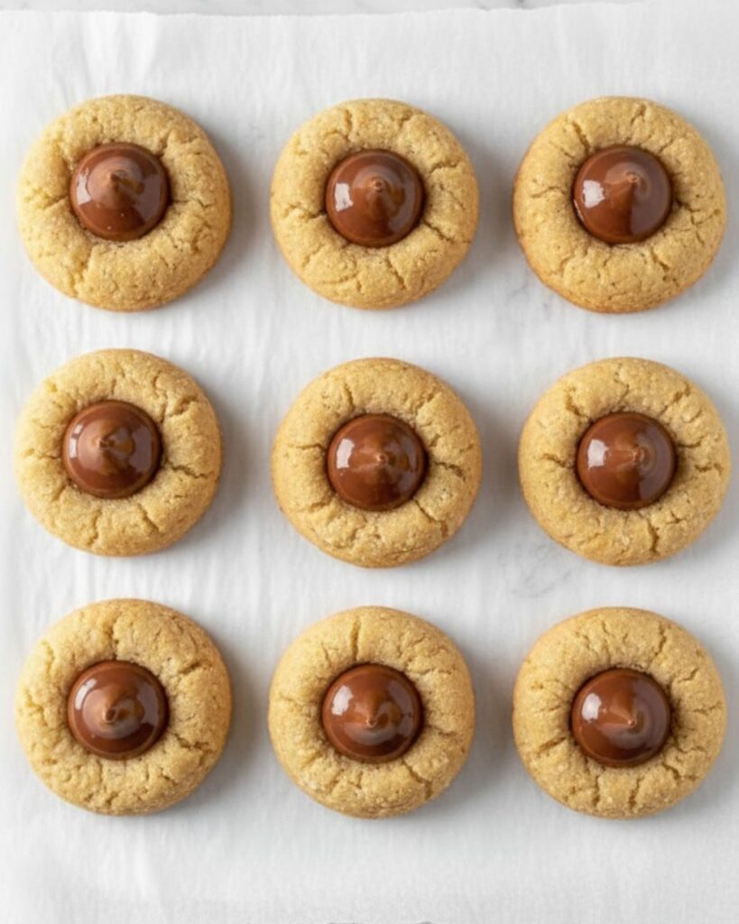 Top-down-flat-lay-of-nine-peanut-butter-blossom-cookies-in-rows-on-white-parchment-showing-golden-sugar-coated-cookies-with-chocolate-kisses-centered-on-top.jpg