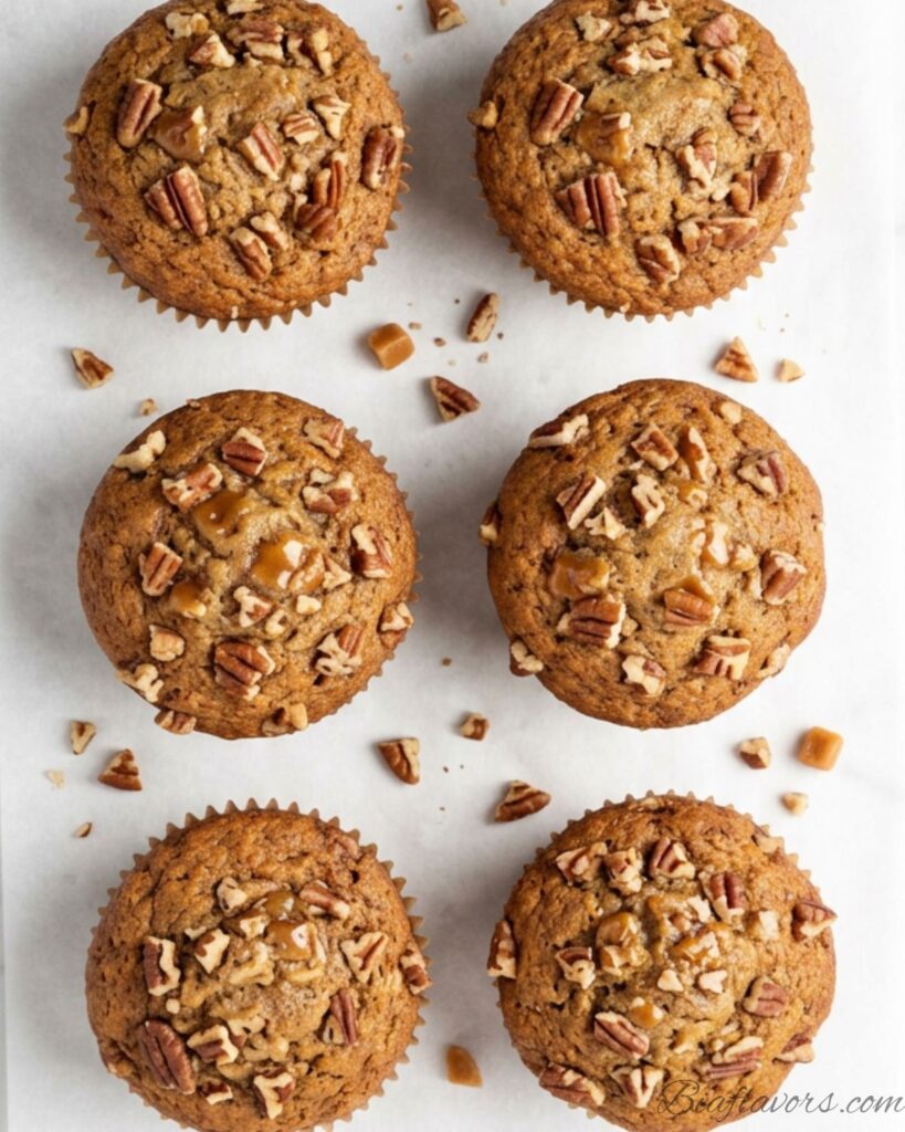 Top-down flat lay of six caramel banana nut muffins on white parchment paper showing golden domed tops with pecans and caramel on white marble