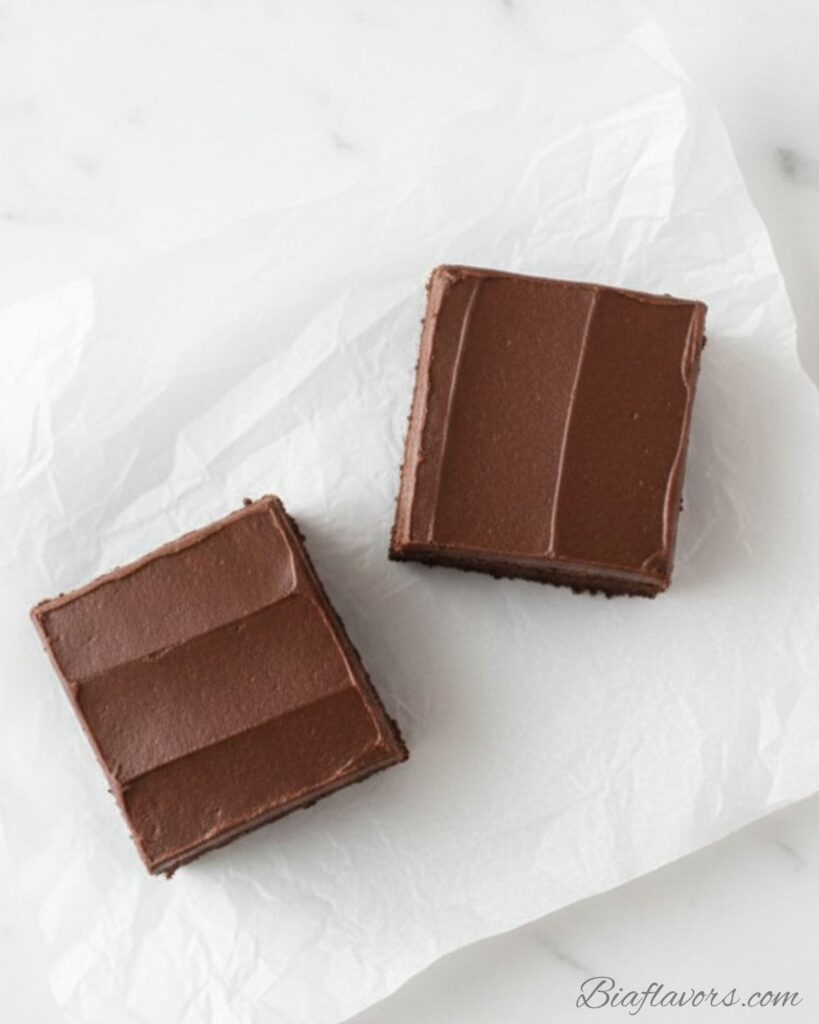 _Top-down flat lay of six frosted fudge brownie squares on white parchment showing thick smooth chocolate frosting tops on white marble clean white background (1)