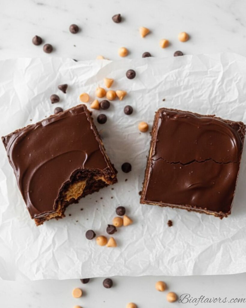 Top-down flat lay of six peanut butter stuffed brownies on white parchment showing glossy chocolate ganache tops some broken revealing peanut butter filling