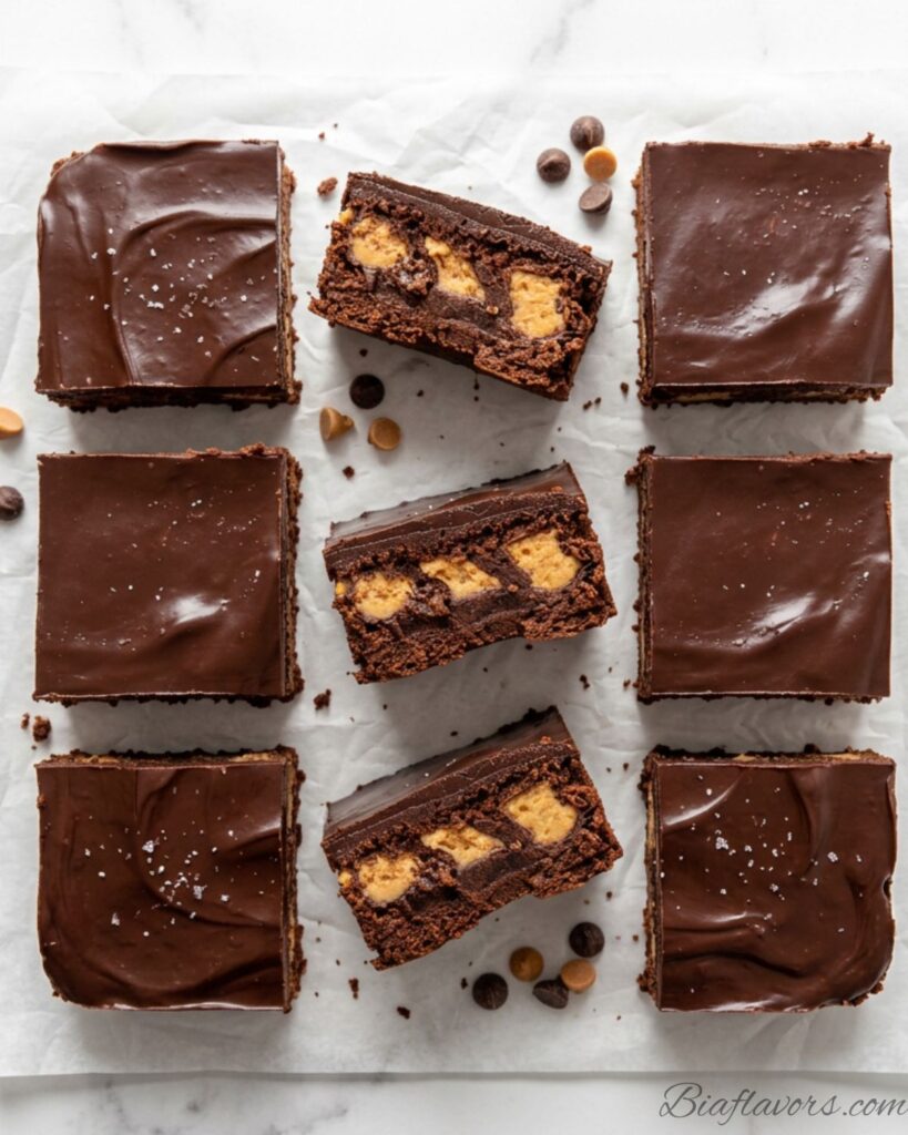 Top-down flat lay of six peanut butter stuffed brownies on white parchment showing glossy chocolate ganache tops some broken revealing peanut butter filling