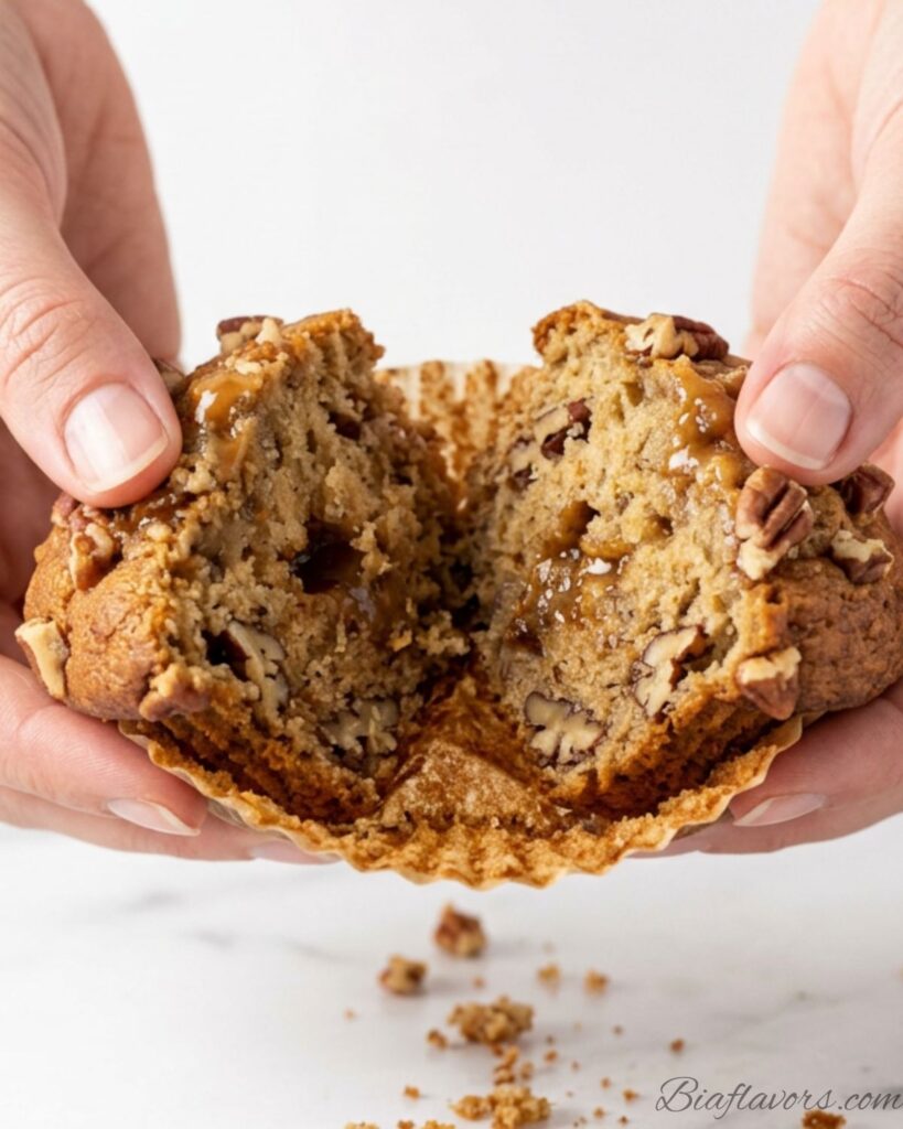 Two hands breaking caramel banana nut muffin in half showing soft moist golden interior with caramel pockets and pecan pieces inside