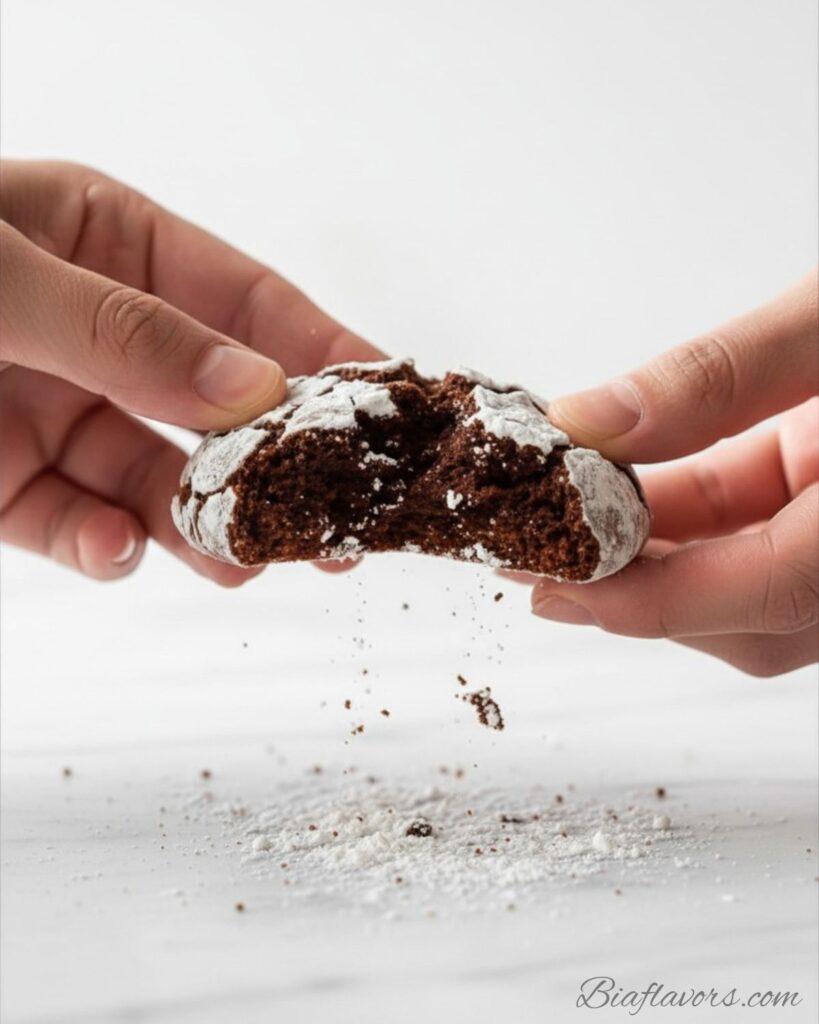 Two hands breaking chocolate crinkle cookie in half over white marble showing soft fudgy dark chocolate interior with white powdered sugar coating outside
