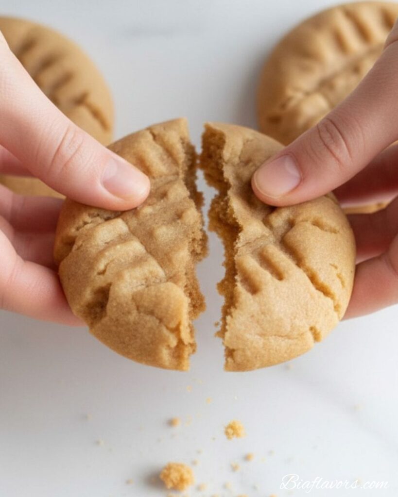 Two hands breaking classic peanut butter cookie in half over white marble showing soft dense golden peanut butter interior with crumbs falling