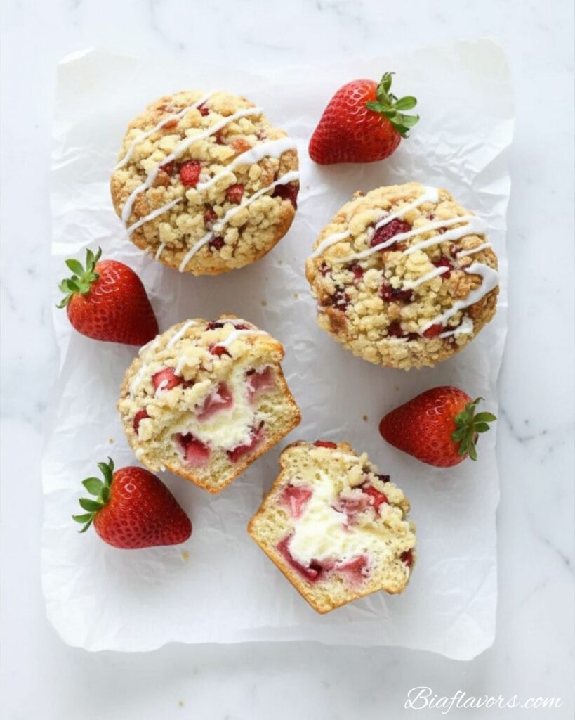 Creamy cheesecake filling being spooned into center of strawberry muffin batter in white lined muffin tin on white marble counter during baking process

