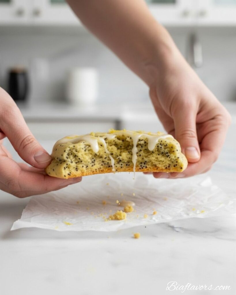 Two hands breaking lemon poppy seed cookie in half over white marble showing soft golden interior with poppy seeds and white glaze cracking open

