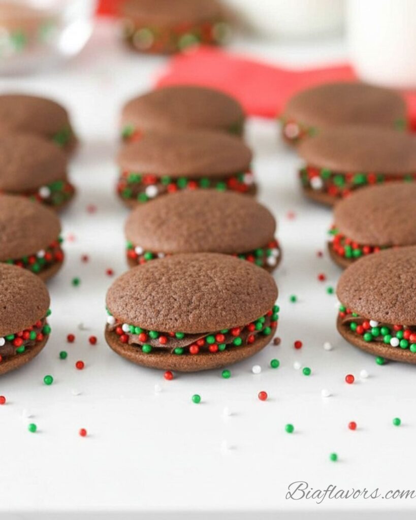 Dramatic close-up of Christmas chocolate sandwich cookies piled on white plate with red green and white sprinkles and festive bokeh background

