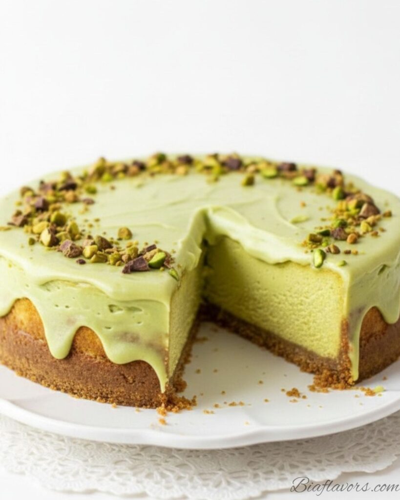 Whole pistachio cheesecake on white scalloped plate with one slice removed showing green pistachio filling golden crust and crushed pistachios on top