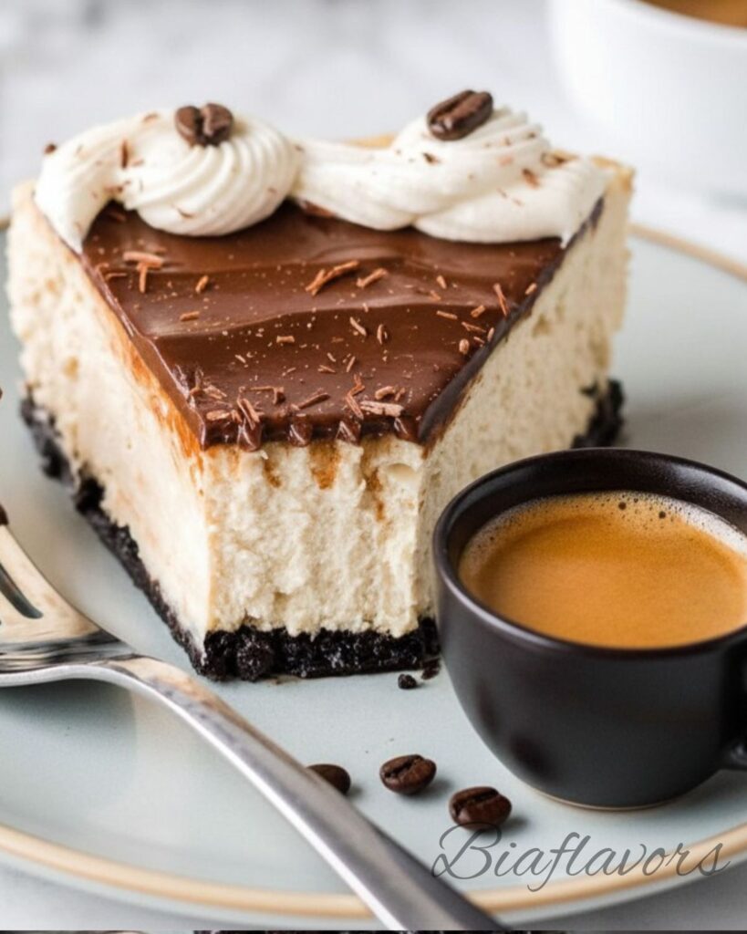 baked coffee cheesecake with chocolate crust and glossy ganache topping