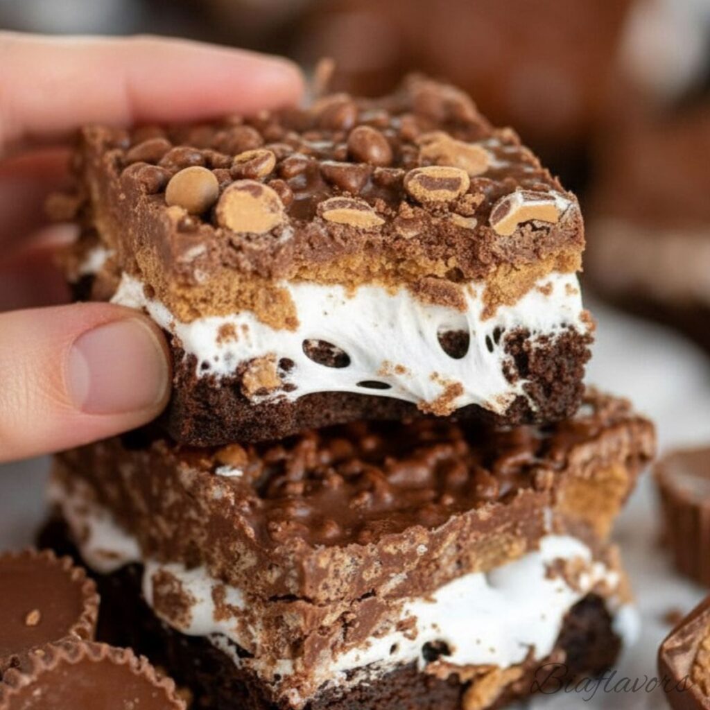 fudgy brownies topped with marshmallow fluff and Reese’s peanut butter cups