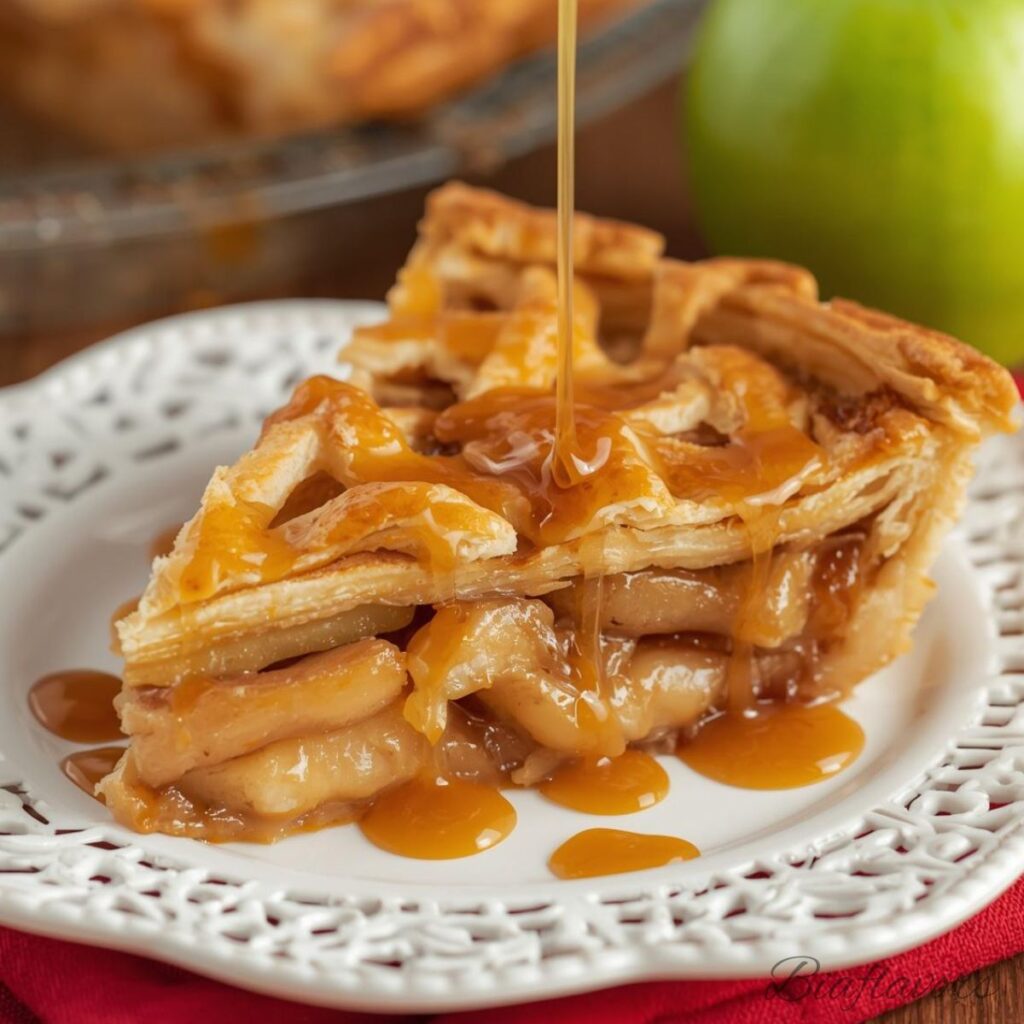 homemade caramel apple pie with flaky golden crust and apple filling
