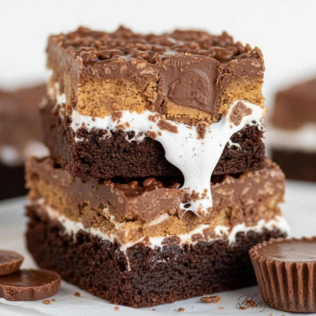 layered Reese’s marshmallow brownies with chocolate topping and crispy cereal