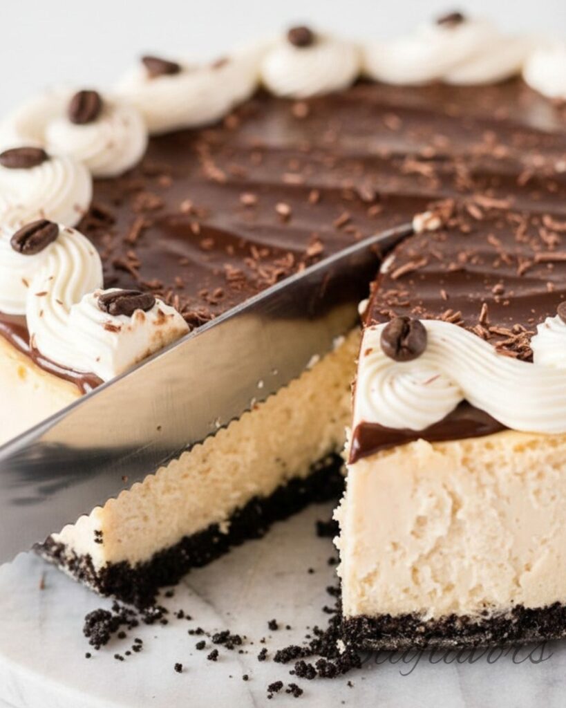 rich coffee cheesecake with Oreo crust and smooth chocolate topping