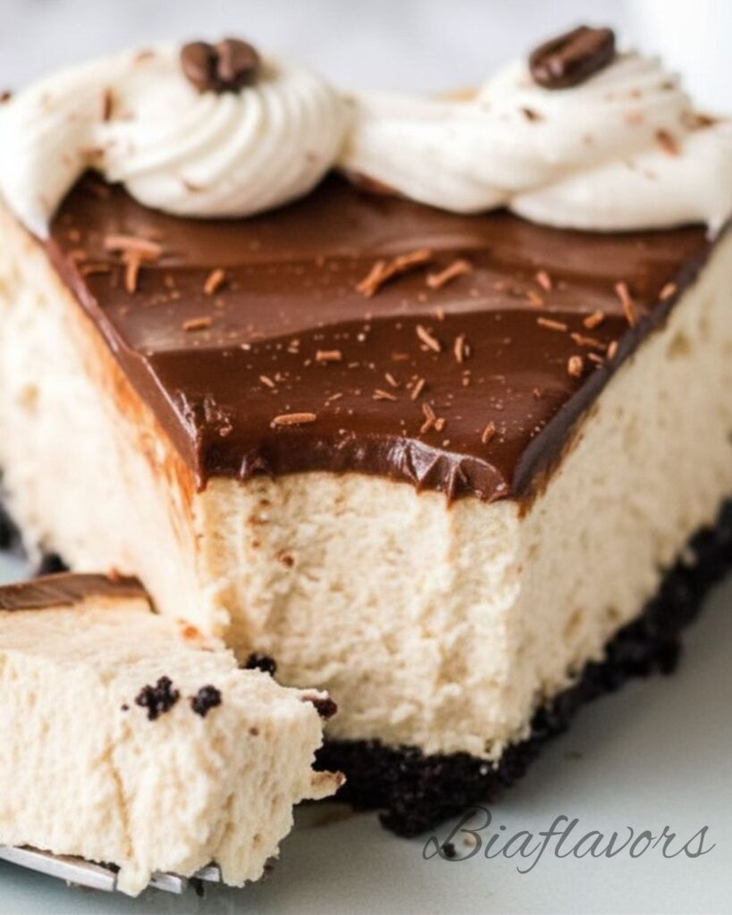 slice of espresso cheesecake showing creamy layers and chocolate ganache