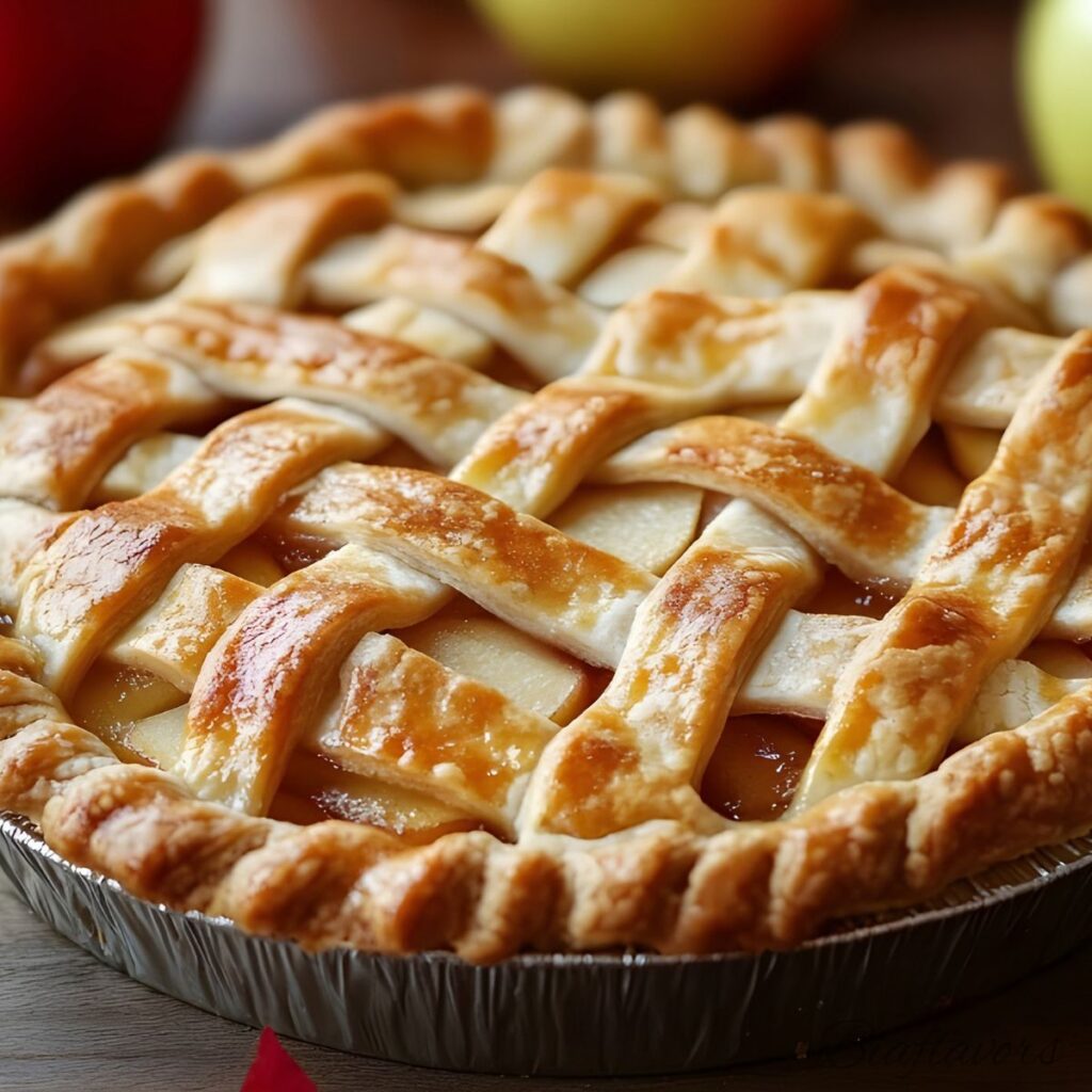 warm apple pie with caramel sauce and buttery golden crust