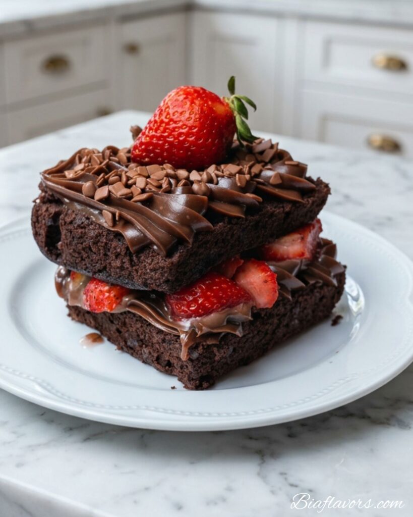 Dramatic close-up of fudgy strawberry brownie on white plate showing dark chocolate layers ganache filling sliced strawberries mini chips and whole strawberry on top