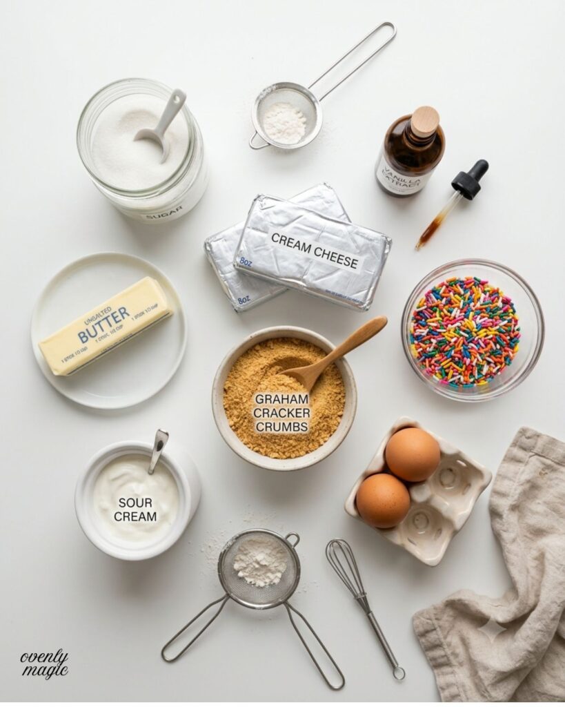 Ingredients for homemade funfetti cheesecake on white background