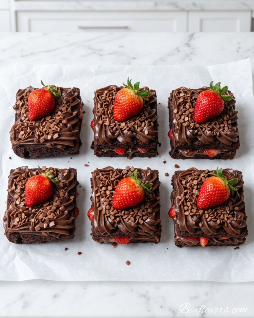 Top-down flat lay of six fudgy strawberry brownies on white parchment showing chocolate ganache topping mini chips and fresh strawberries on white marble