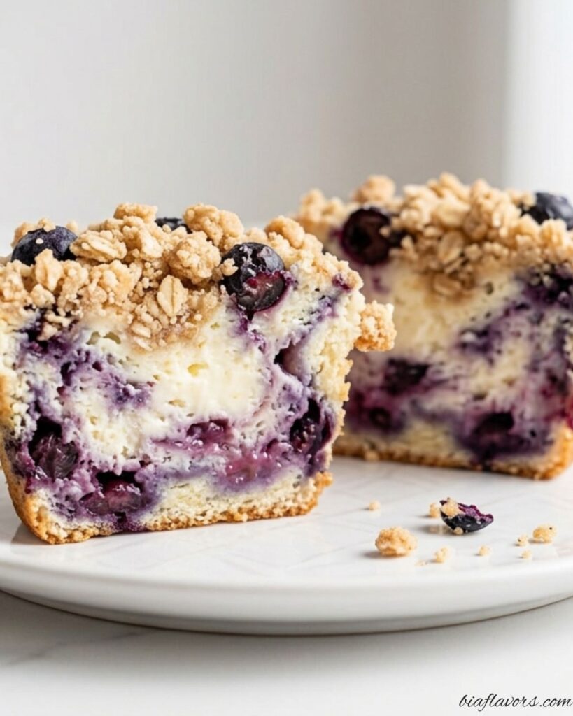 Blueberry cheesecake muffin cut in half showing creamy filling
