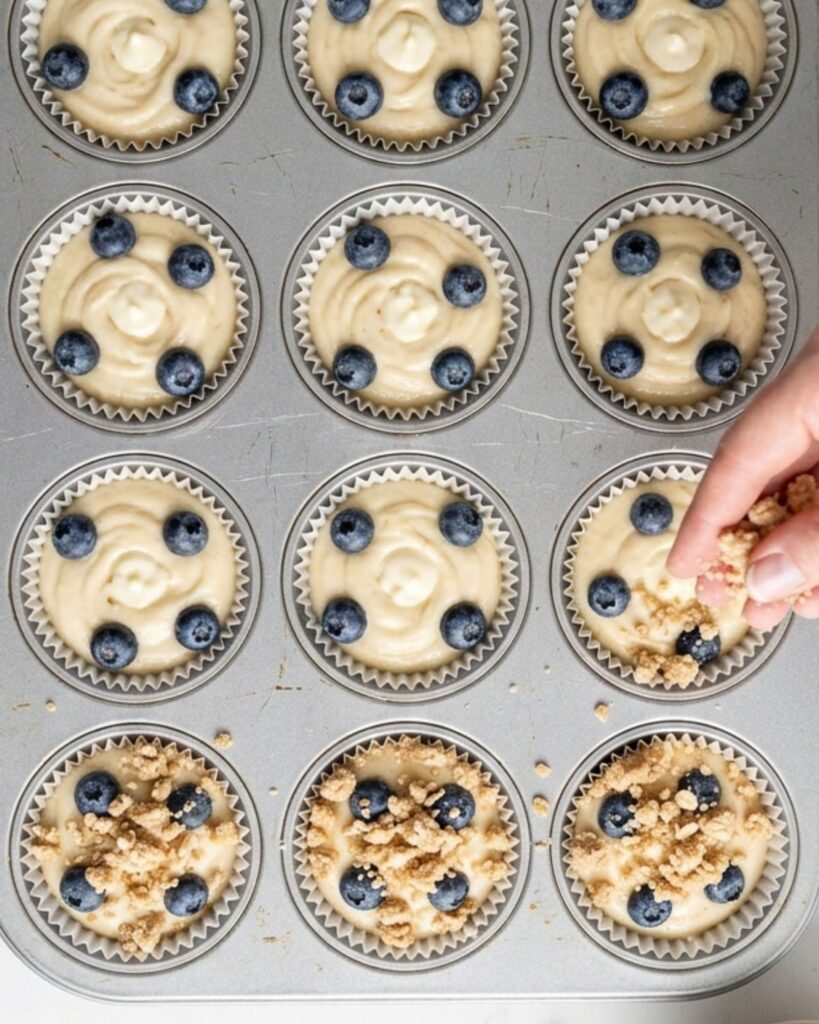 Muffin tin filled with batter and cheesecake filling on white counter