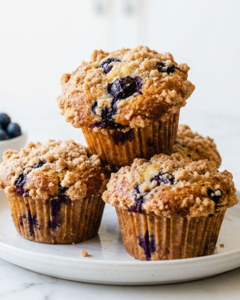 Stack of blueberry cheesecake muffins on a white kitchen counter