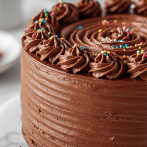 Moist chocolate layer cake with rich chocolate buttercream frosting on a cake stand