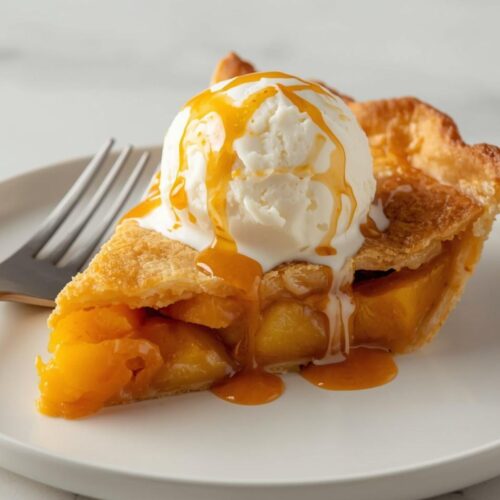 Homemade peach pie with golden flaky crust and juicy peach filling, freshly baked and sliced