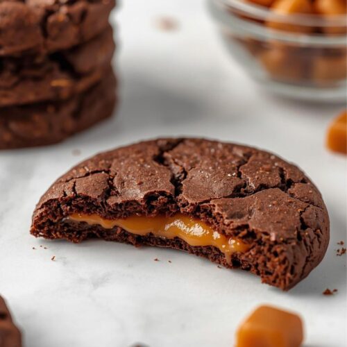 Soft caramel stuffed chocolate cookies with gooey melted caramel center and cracked cocoa top