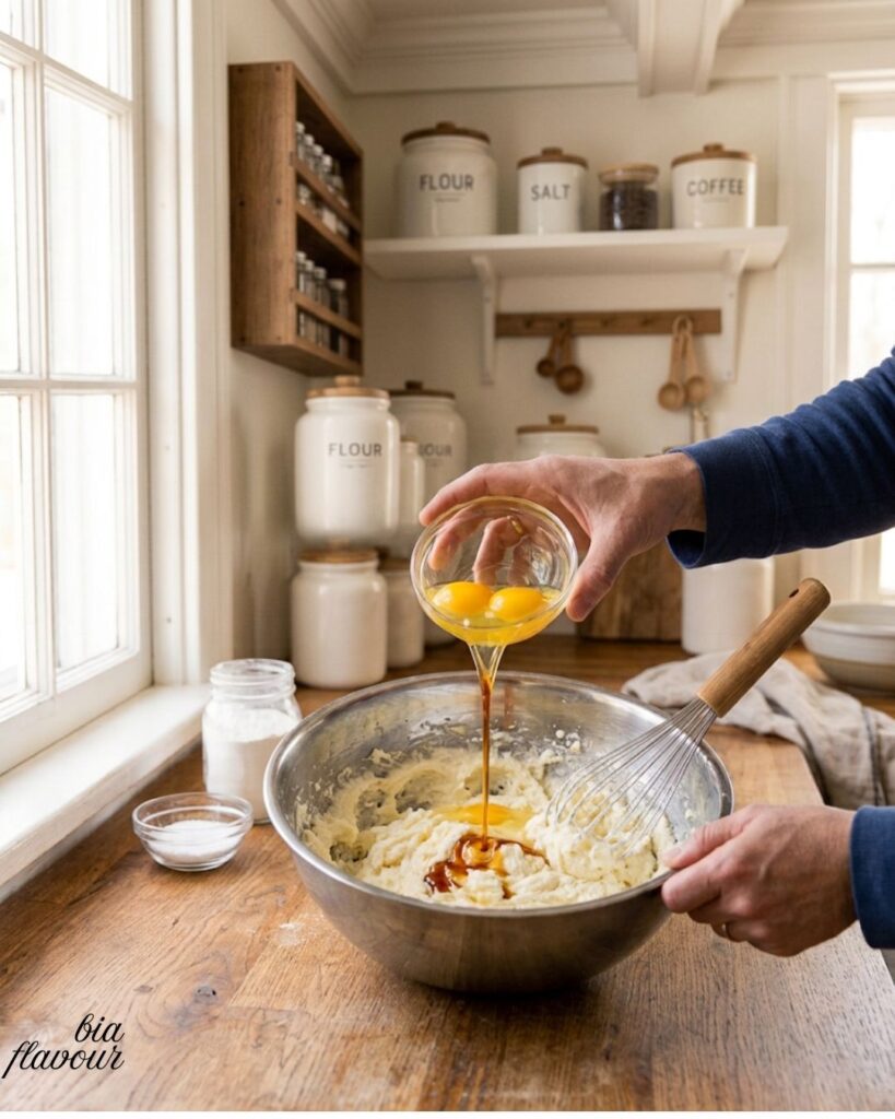 Mixing dry ingredients into the wet mixture to make cookie dough.