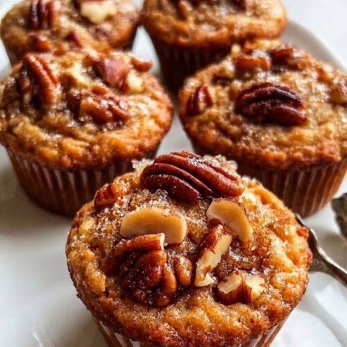Soft and moist pecan pie brown sugar muffins with pecan topping