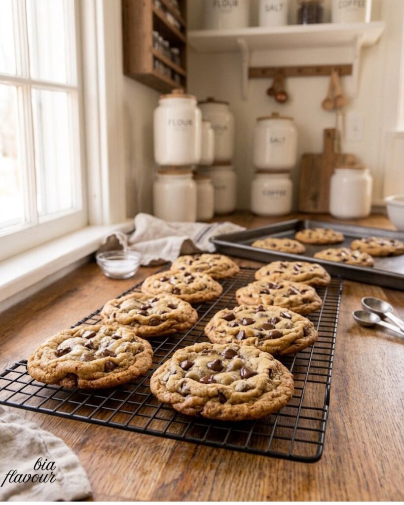 Freshly baked chocolate chip cookies cooling on a wire rack.