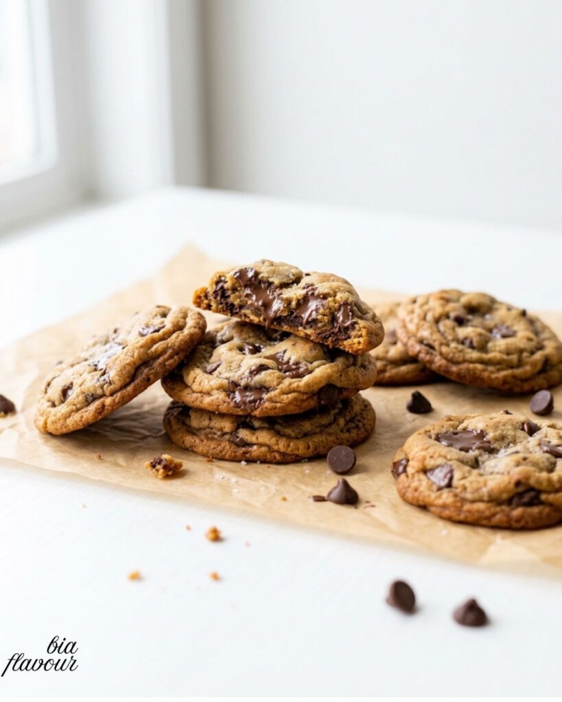 Homemade chocolate chip cookies with golden edges and soft chocolate-filled centers.