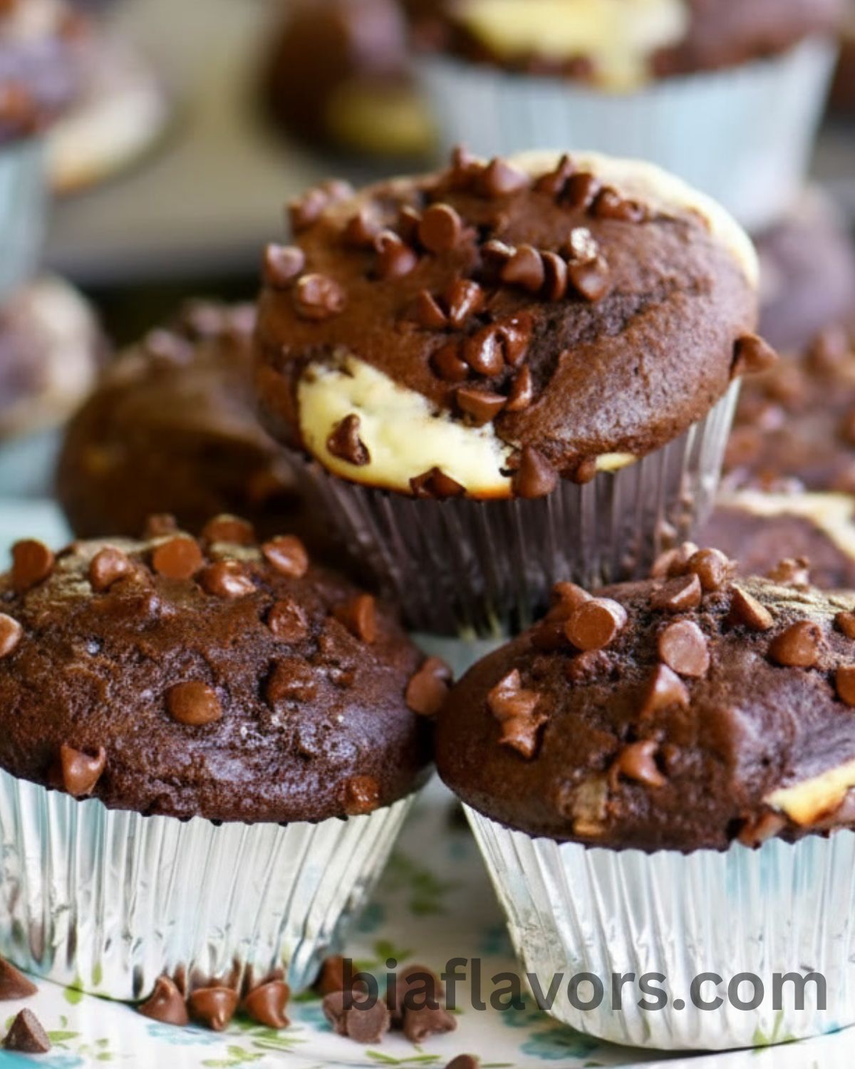 Homemade chocolate chip muffins with rich cheesecake filling