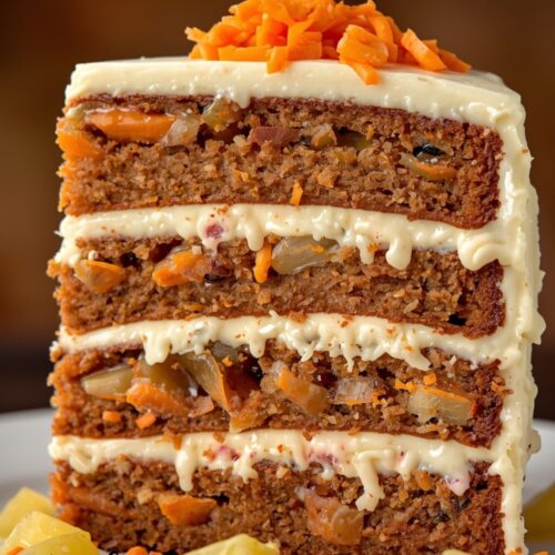 Moist Hawaiian carrot pineapple cake topped with creamy cream cheese frosting and pineapple garnish