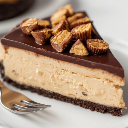 No bake Reese’s peanut butter cheesecake with Oreo crust and chocolate ganache topping