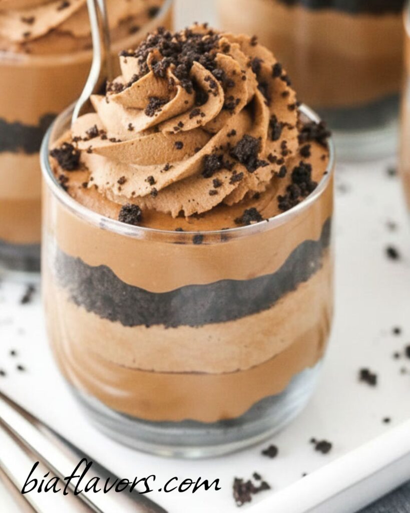 No-bake Baileys chocolate trifles in mini cups with rich creamy layers