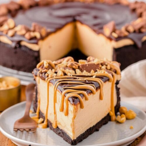 Peanut butter cheesecake with creamy texture and chocolate drizzle on top