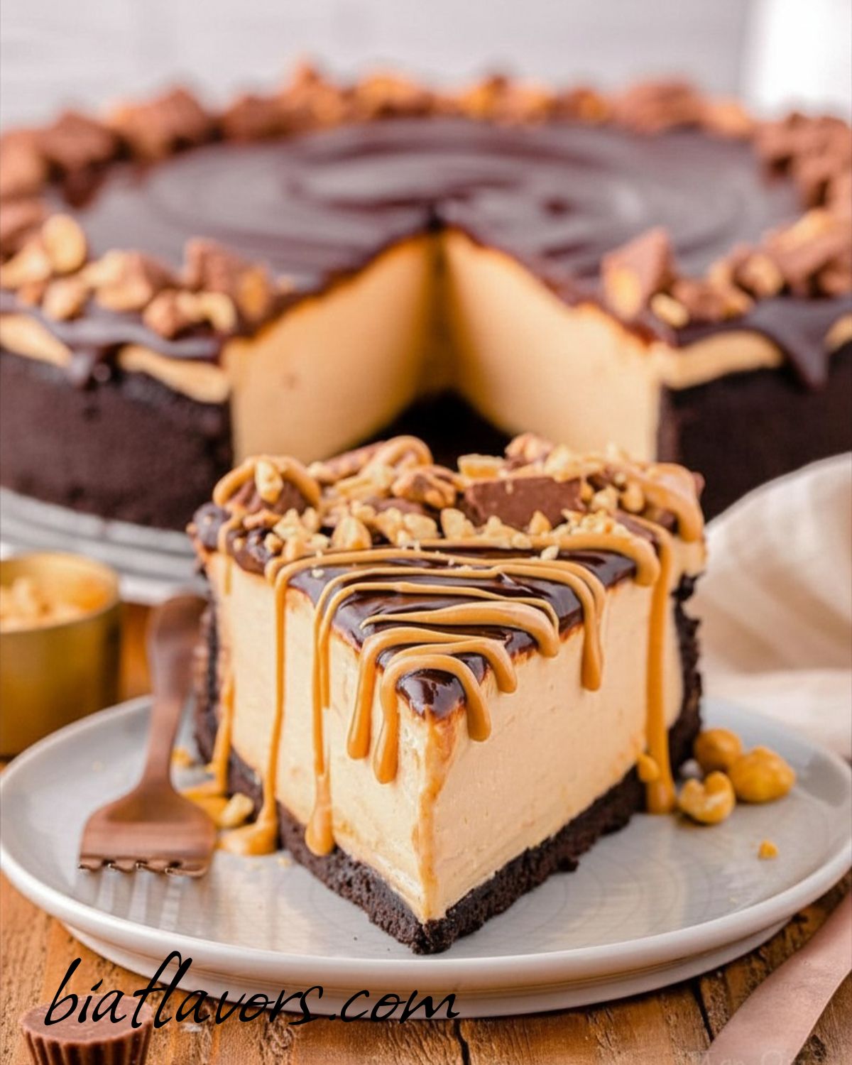 Peanut butter cheesecake with creamy texture and chocolate drizzle on top