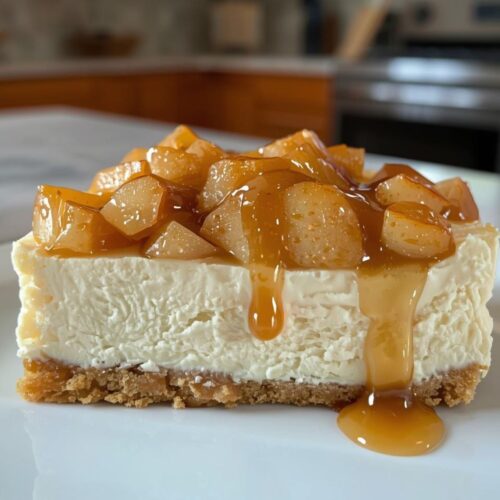 apple caramel cheesecake on white plate